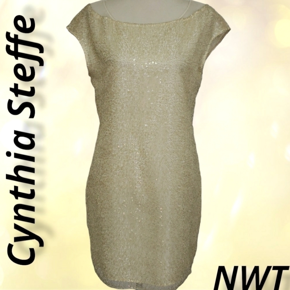 Cynthia Steffe Sheath Cocktail Wedding Dress Sequin Gold 12 NWT